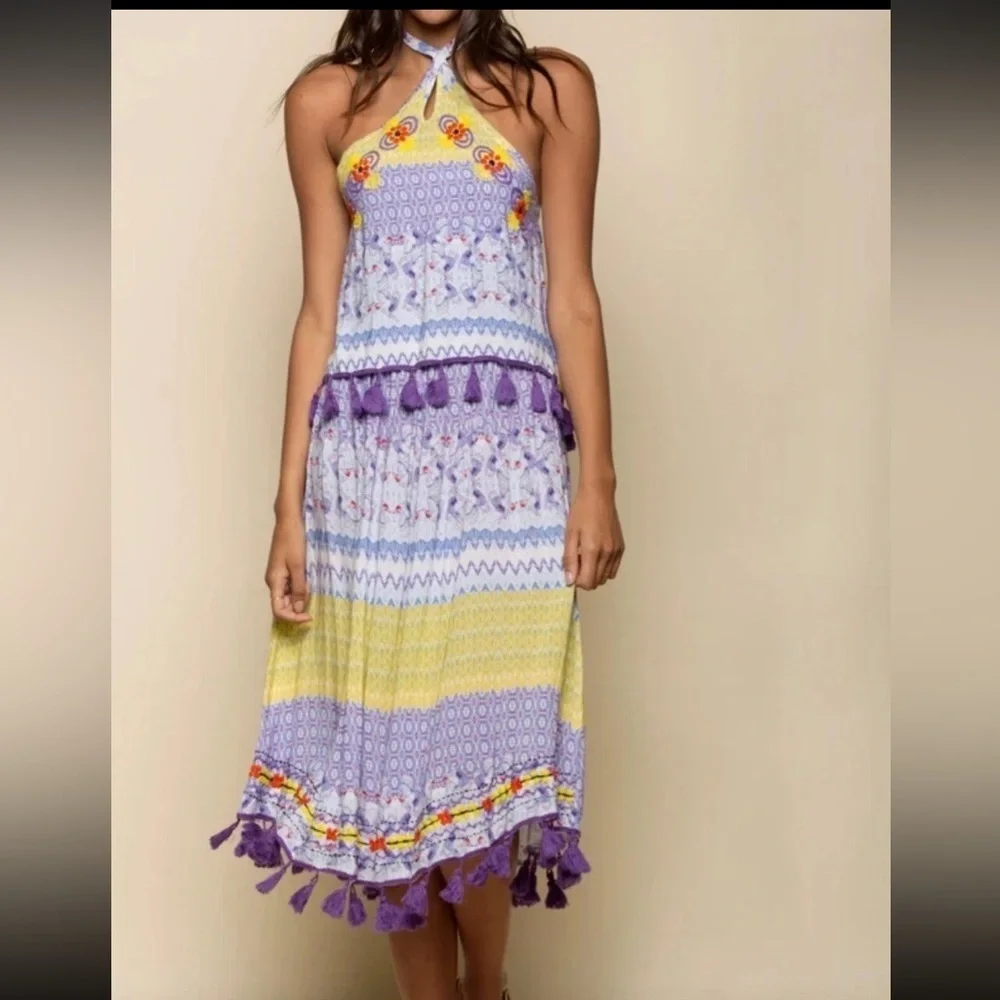 RAGA Women’s Tropic Bird Halter Dress. Purple, yellow. Size LARGE